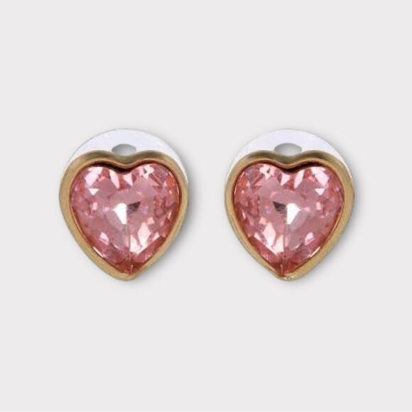 Napier Heart Stud Earrings Pink Crystal Gold Tone - Picture 3 of 4